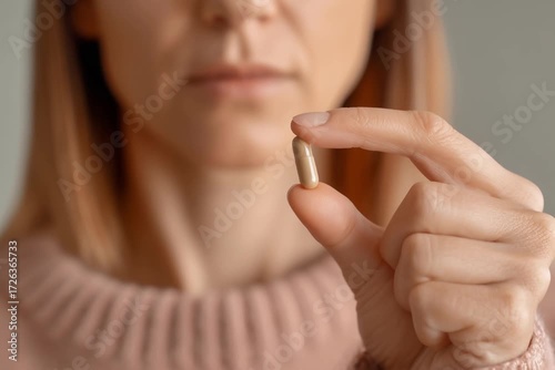 Close-up of Woman Holding Medicine Capsule | Supplements, Pharmaceuticals, and Wellness