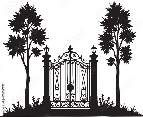 Black silhouette ornate wrought iron gate with trees and lamps 6