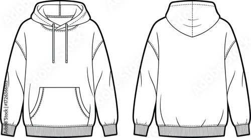 Hoodie front and back technical drawing, fashion sweatshirt design, casual apparel template, vector clothing illustration, unisex streetwear garment sketch outline