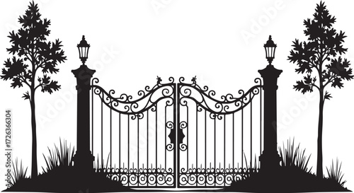 Black silhouette ornate wrought iron gate with trees and lamps 3