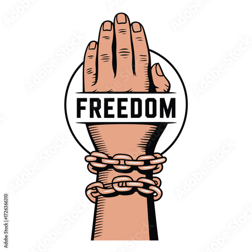 Hand breaking free from chains with the word freedom