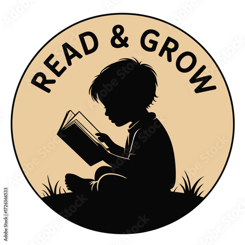 Silhouette of a child reading a book under the words read and grow