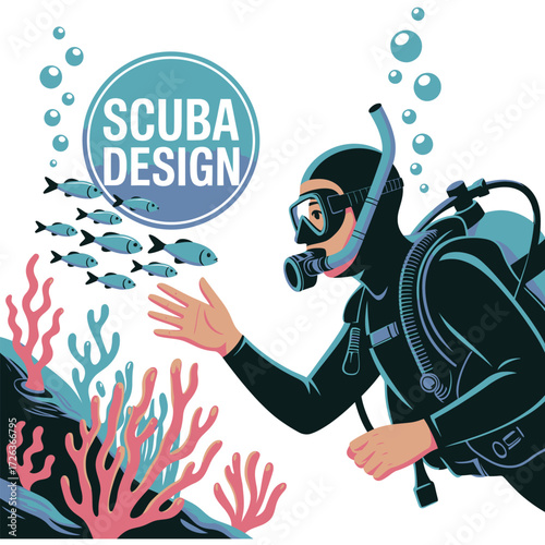 Scuba diver interacting with a school of fish and coral reef