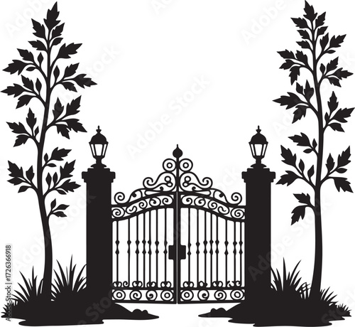 Black silhouette ornate wrought iron gate with lamps and trees