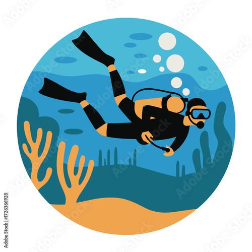 Scuba diver exploring vibrant underwater coral reef scene