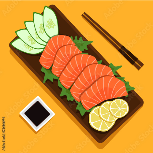 Top view of salmon sashimi slices on wooden board with lemon cucumber garnish soy sauce and chopsticks in a stylized scene celebrating Japanese cuisine and elegant food presentation