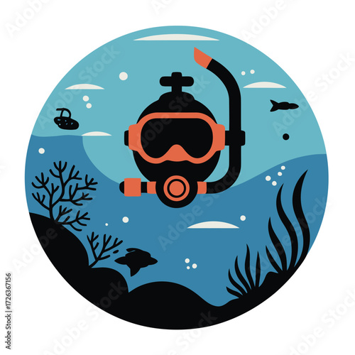 Cartoon scuba diver mask and underwater scene