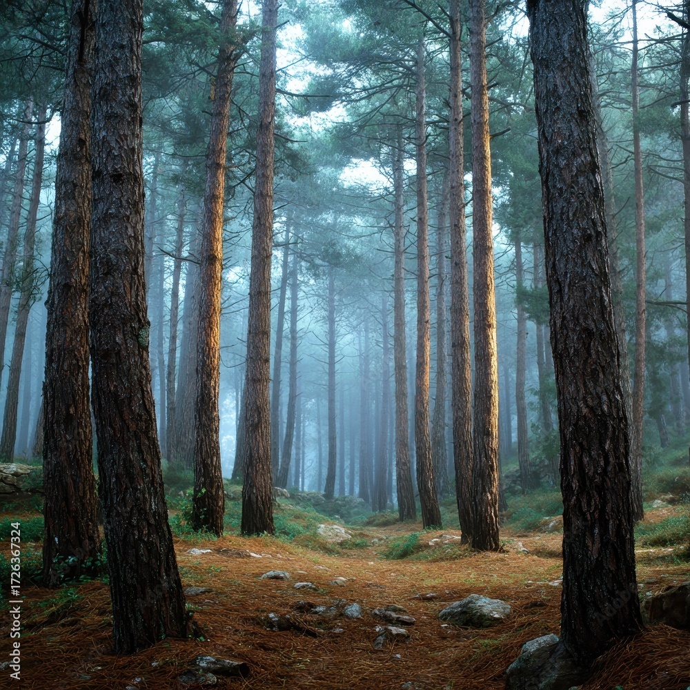 Fototapeta premium Misty Forest Path Sunlight Through Tall Pine Trees Serene Tranquil Atmosphere