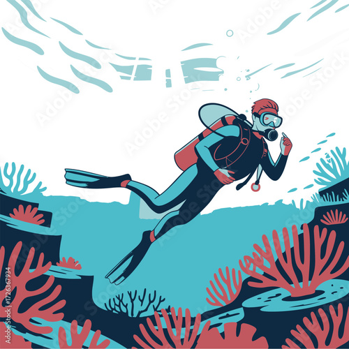 Underwater Scuba Diver Exploring Coral Reef Ocean World Adventure