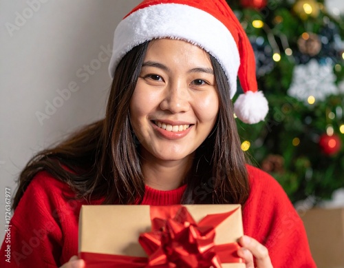 A woman wearing a Santa hat and red sweater, holding a large gift tied with a red ribbon, glowing with holiday warmth.