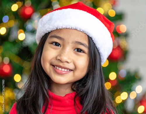 A girl poses in front of a Christmas tree, wearing a red sweater and white-trimmed Santa hat, surrounded by sparkling seasonal lights