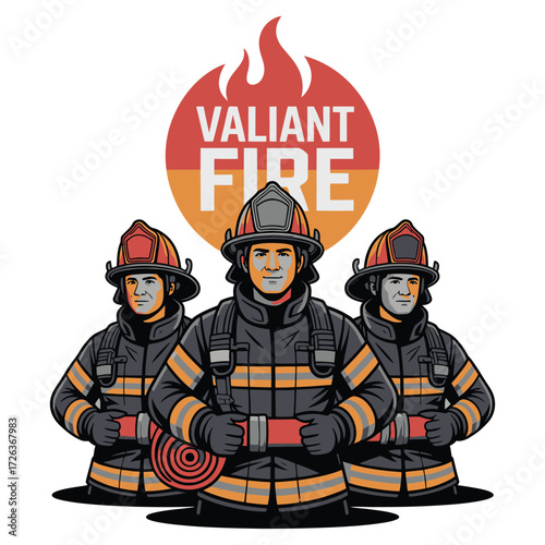 Three brave firefighters standing together under a fiery emblem