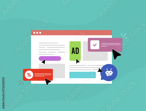 Attention economy overload with excessive website banners, popups, notifications and digital noise leading to burnout, distraction, mental fatigue and information stress, vector illustration