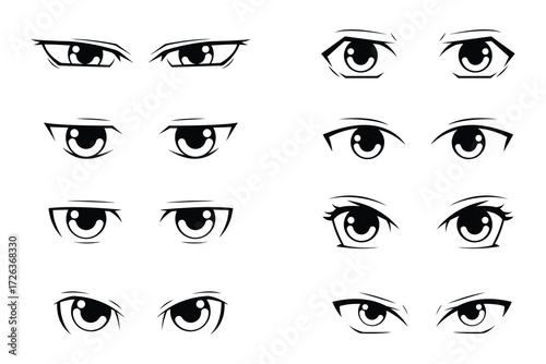 Set of Anime Style Eyes in Black and White for Illustration and Design. Illustrations featuring varied shapes, expressions, and styles for use in design, cartoons, and creative projects.