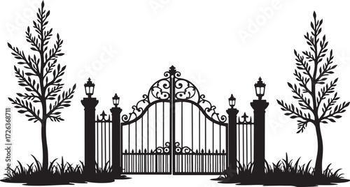 Black silhouette ornate gate with trees and lamps wrought iron gate 1