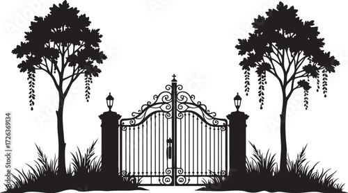 Black silhouette ornate gate with trees and lamps white 3