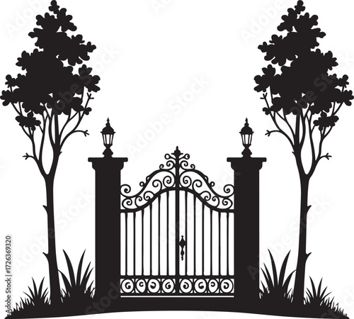 Black silhouette ornate gate with trees and lamps white 2
