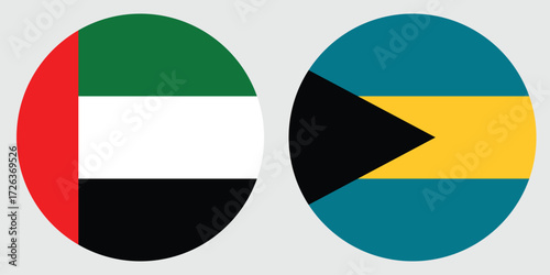 Dubai and Bahamas national circular flag on grey background vector flat design and digital illustration 