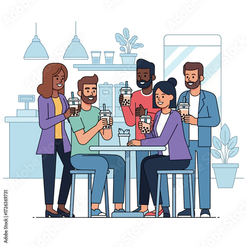 Group of friends enjoying bubble tea at a trendy cafe, celebrating friendship with a refreshing drink, perfect for social media marketing campaigns