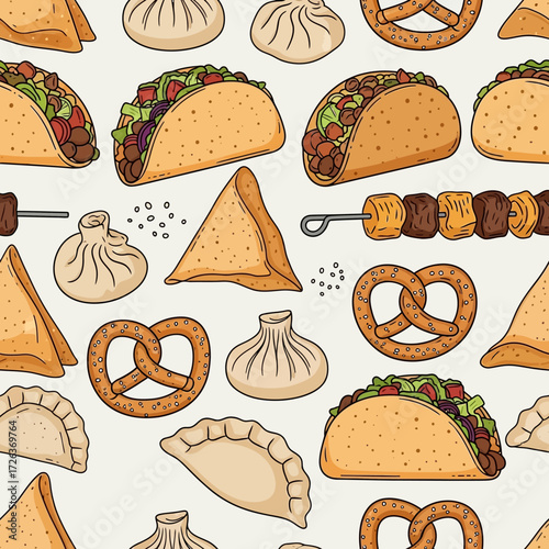 Vibrant seamless pattern of delicious international street food delights like tacos, pretzels, samosas, and dumplings perfect for food lovers