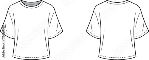 Blank oversized t-shirt template front and back view, vector fashion clothing mockup, plain women shirt design outline, casual loose fit