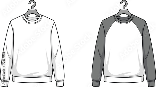 Blank sweatshirt mockup, crewneck pullover design, vector fashion template, unisex casual sweater illustration, long sleeve clothing mockup, white and gray apparel
