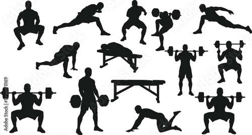 Cartoon fitness silhouettes, weightlifting poses, gym exercises, squats, lunges, bench press, deadlift, push-ups, vector illustration, workout routine, strength training