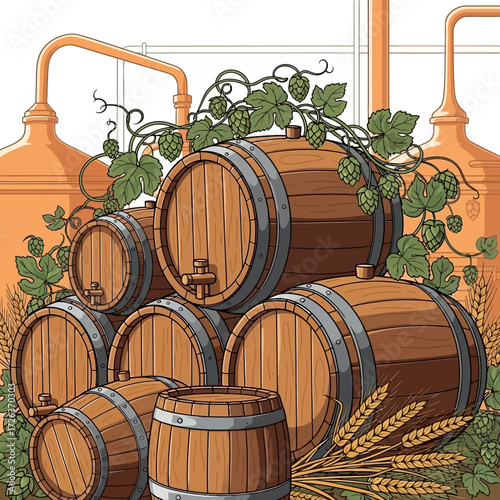 Craft beer brewing scene with wooden barrels, hops, and wheat creates an inviting and authentic brewery atmosphere perfect for branding and designs