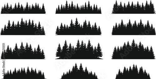 Forest tree silhouette collection, pine fir woodland vector, evergreen conifer trees, natural landscape background, outdoor nature illustration, black tree graphic design