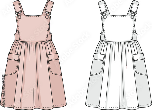 Pinafore dress flat sketch, CAD fashion drawing, vector clothing template, overall dress design, fashion illustration, apparel technical sketch, garment flat pattern