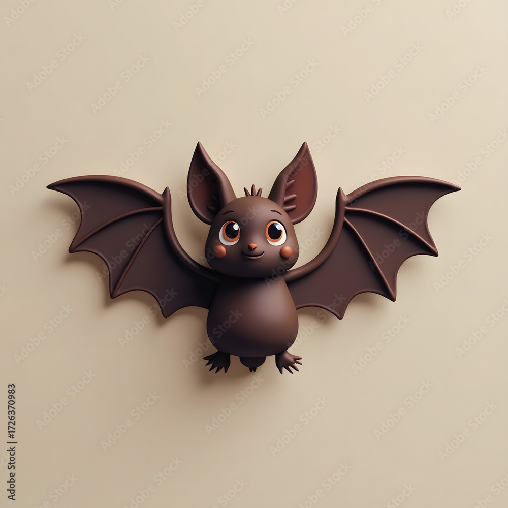 Obraz premium 3D Mini Cute Icon of a Flying Bat with Spread Wings in Dark Brown on a Plain Background Representing Witch Night Creature