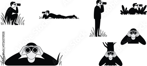 People spying with binoculars, man observing nature, hidden surveillance, outdoor watching, secret exploration, forest silhouette, black vector illustration, scouting and searching activities, grass 