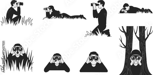 People using binoculars in nature, men and women observing wildlife, spying, watching, hiding behind grass, trees, bushes, flat design black silhouette illustration