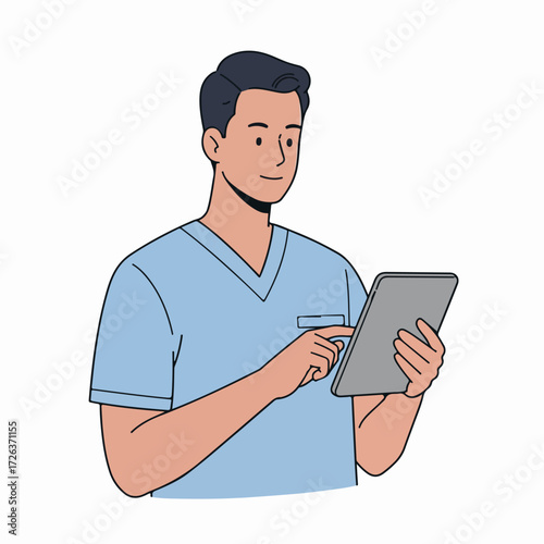 Male medical professional in light blue scrubs using a digital tablet, illustrating modern healthcare, technology integration, and efficient patient management.