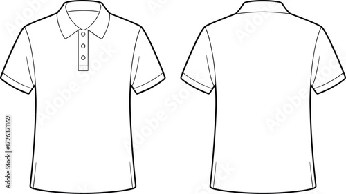Polo shirt flat sketch, men short sleeve t-shirt template, fashion cad drawing, apparel vector illustration, clothing design, stylish casual wear