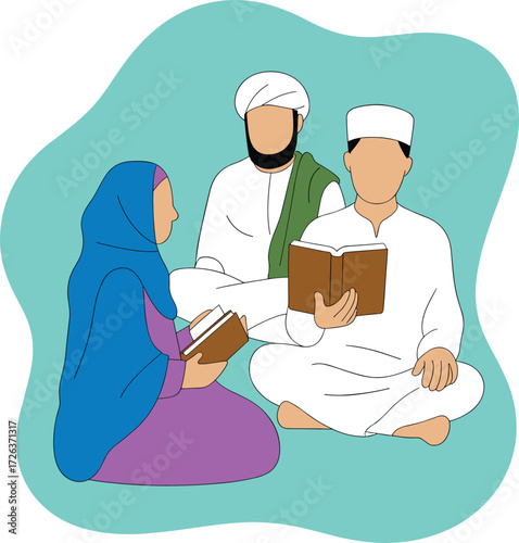 Muslim family reading Quran together, Islamic people studying holy book, traditional clothing, cultural learning, religion education, worship, prayer, flat vector illustration design