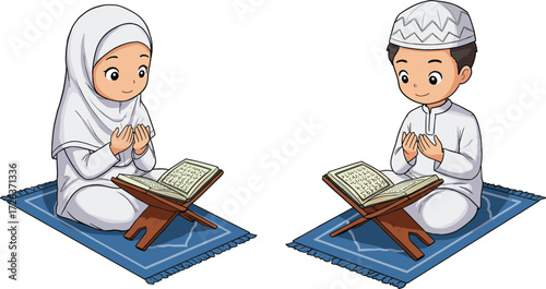 Muslim boy and girl reading Quran, Islamic children praying, holy book on prayer mat, cultural learning, religion education, cartoon vector illustration design