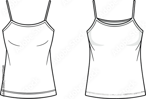 Blank women camisole top template front and back view, spaghetti strap shirt mockup, plain sleeveless clothing design outline, vector fashion illustration