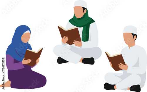 Muslim family illustration, people reading holy book, children learning, Islamic education, Quran study, cultural tradition, religion concept, flat vector artwork design