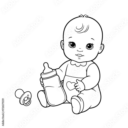 A cute cartoon baby in a heart onesie holds a bottle while sitting beside a pacifier, perfect for early childhood themes.