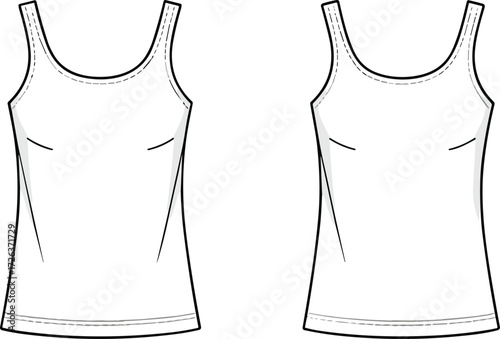 Blank women tank top template front and back view, sleeveless shirt mockup, fashion apparel design outline, plain clothing vector illustration