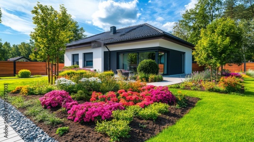 Fototapeta Naklejka Na Ścianę i Meble -  Colorful garden in front of modern house surrounded by lush greenery on a sunny day