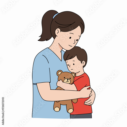 Maternal comfort: A loving mother embraces her son, who holds a teddy bear, symbolizing care, security, and the strong family bond.