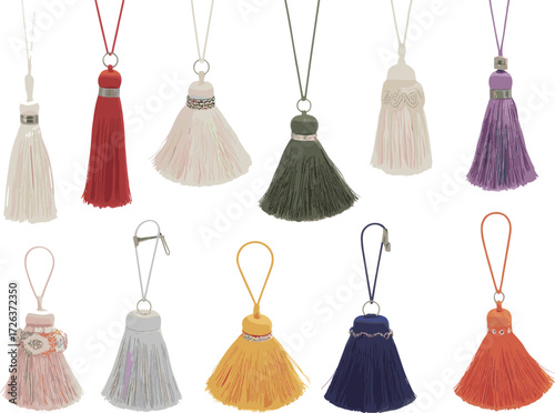 Set of colorful decorative tassels, hanging accessories, textile ornaments, keychain tassels, vintage fashion elements, embroidery decorations, vector illustration for design and crafts