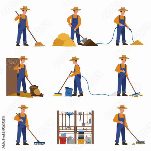Farmer Performing Diverse Farm Chores: Sweeping, Shoveling, Raking, Hosing, and Organizing Tools, Depicting Agricultural Maintenance Tasks.