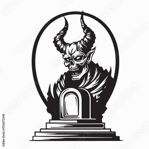 Demon Resting on Tombstone Vector Horror Design on white background
