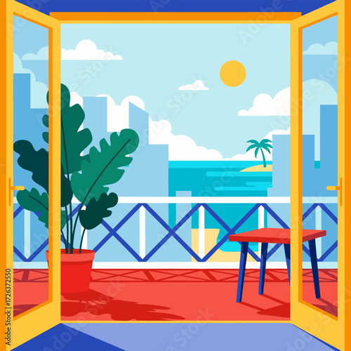Vector illustration of a sunny balcony view over a tropical beach and ocean with a modern city skyline in the background. Summer vacation concept