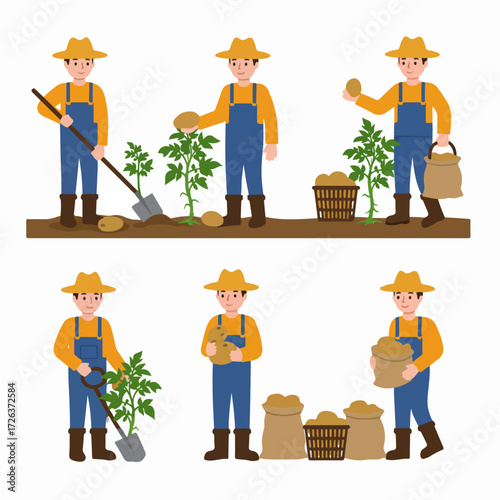 Potato farming process: a male farmer character working the soil, harvesting tubers, and gathering crops in various stages.