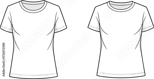 Blank women t-shirt fashion template front view, short sleeve apparel mockup, casual clothing design, plain tee vector illustration outline
