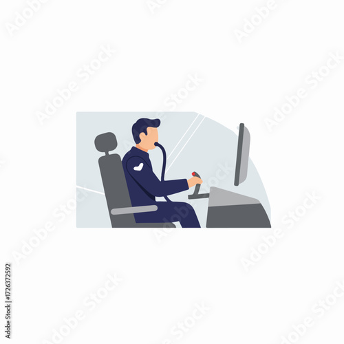 Professional male pilot in uniform operating aircraft controls with a joystick and monitor in a cockpit or flight simulator setting, vector illustration.